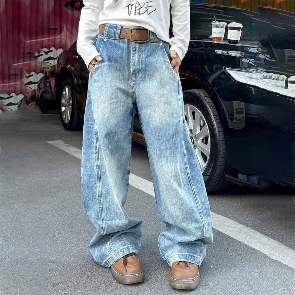 Baggy Barrel Jeans Men Women Vintage Wide Leg Denim Casual Streetwear - Picture 4 of 6